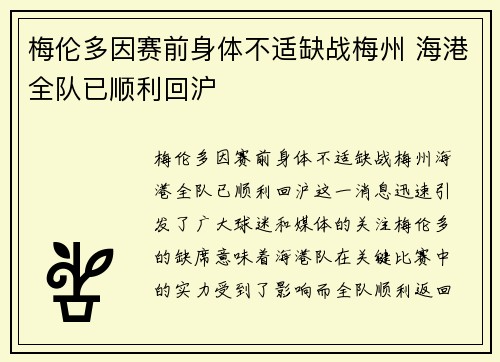 梅伦多因赛前身体不适缺战梅州 海港全队已顺利回沪